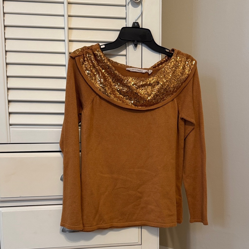 Sequin Trim Long Sleeve Top in Rust orange size PS